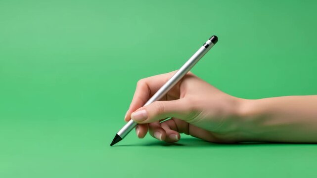 Woman hand holding stylus pen on green screen for chromakey. Digital input device for touchscreen and graphic design.