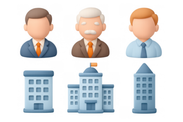 Corporate icon set with business professionals and commercial buildings for branding design