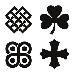 Four celtic knot symbols and shamrock cross shapes isolated on white background
