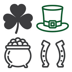 St. patrick's day symbols: clover, leprechaun hat, pot of gold, horseshoe