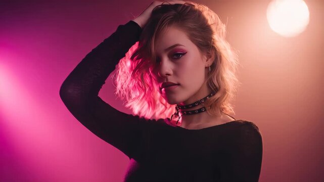 portrait of a beautiful young woman with wavy blonde hair, wearing a black long-sleeved top and a choker necklace