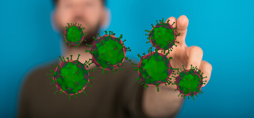 Conceptual image of a man's hand interacting with virus cells symbolizing infection or research. Ideal for med