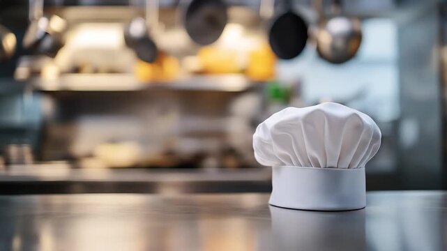 Crisp white chef's toque on a glistening metal counter with a blurry professional kitchen