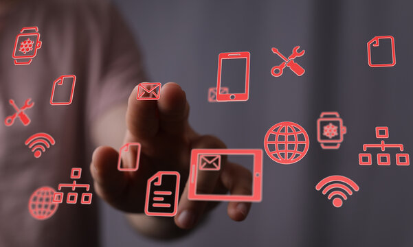 Touching technology and digital interface: Innovation, network and future concepts on hand. Global data informa - Powered by Adobe