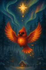 Obraz premium Glowing Winter Cardinal Flying Under a Radiant Star