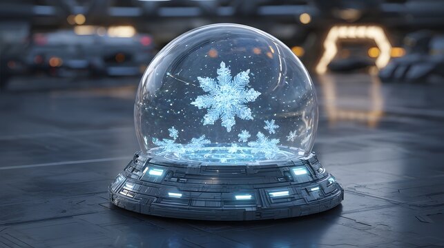 Cyber holiday snow globe redesigned as a luminous holographic dome featuring radiant floating snowflakes and a modern tech-inspired glow - Powered by Adobe