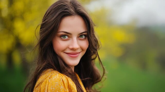 portrait of a brunette 20 year old girl with green eyes in a yellow dress on a spring hill