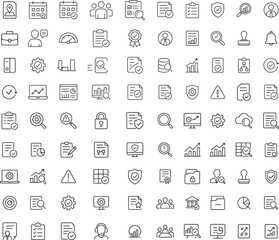 Document and business data analysis vector line icons set including calendar charts clipboard magnifying glass and shield