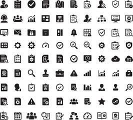 Document and business data analysis vector solid icons set including checklist chart shield magnifying glass and user profile