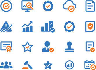 Certification success and legal compliance icon collection covering reporting human resources cloud computing and quality assurance symbols