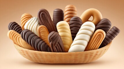 Assortment of decorative pastries in a woven basket, a food item presentation
