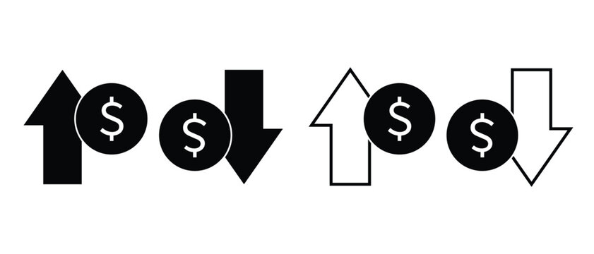 Dollar increase and decrease vector icons. Cost reduce increases and decreases icon set. profit and lose money vector illustration 