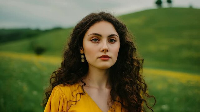 portrait of a brunette 20 year old girl with green eyes in a yellow dress on a spring hill