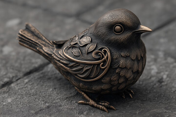 Fototapeta premium Intricate bronze bird statue with detailed feather and leaf patterns on stone surface
