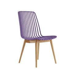 A modern purple chair with a curved back and light wood legs