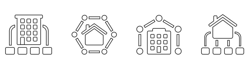 Facility and amenities icon set with editable stroke containoing smart home and connected building