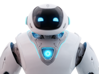  Futuristic AI assistant robot with glowing blue core and soft curves