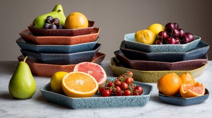 Assortment of fresh fruits artfully arranged in colorful, geometric ceramic bowls