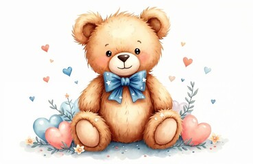 Fototapeta premium Cute teddy bear illustration wears bow tie. Hearts, flowers, pastel colors create soft backdrop. Ideal art for childrens designs, nursery decoration, baby shower invites, apparel prints, birthday