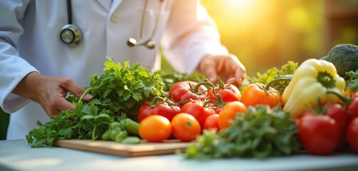Health pro with stethoscope selects fresh organic vegetables outdoors. Doctor shows natural garden produce like tomatoes peppers broccoli. Person promotes healthy eating diet wellness, good