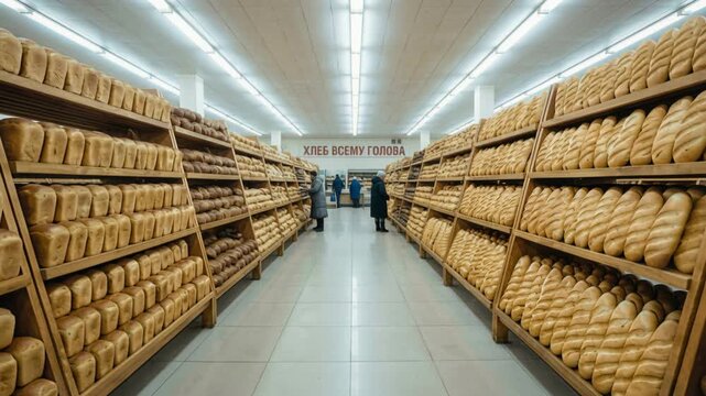 Long wooden shelves filled with fresh bread in grocery store aisle