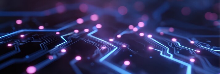 Futuristic glowing circuit board with blue lines and pink lights