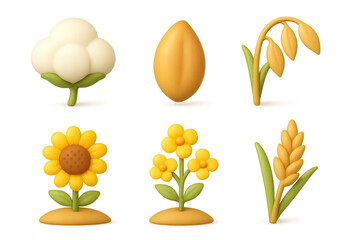 Obraz premium Cartoon crop icons featuring cotton, grain, sunflower, and wheat for agricultural design