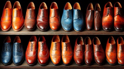 Assortment of leather oxford shoes, various colors, displayed on wooden shelves