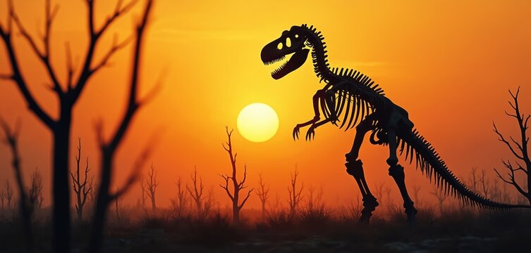 Dinosaur skeleton stands starkly against a vibrant orange sunset sky. Barren trees surround the ancient fossil, a haunting silhouette. Predatory creature fossilized in prehistoric landscape.
