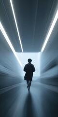 Fototapeta premium Silhouette of young adult male in motion blur running through bright futuristic tunnel