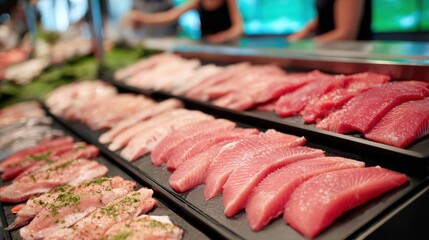Medium shot of horizontally divided display units showcasing fresh fish fillets arranged neatly for customer selection in a bright market setting