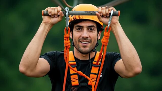 Man with a helmet preparing for a zipline adventure. Happy person smiling before an exciting outdoor activity. Extreme sport and recreation concept