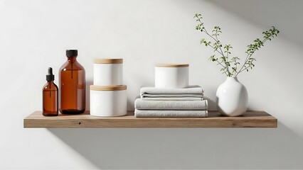 Amber glass bottles white ceramic jars stacked towels and vase with green plant image