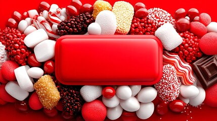 Assortment of red, white, and brown candies arranged around a central red rectangle