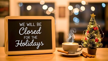 Cafe Closed for Holidays Sign with Steaming Coffee and Mini Tree
