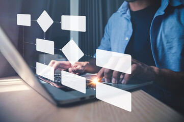 Digital Workflow Management Concept, A person is working on laptop with illuminated hands on the keyboard, flowchart elements representing workflow automation, process mapping, digital system design. 
