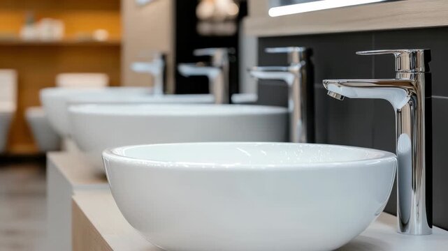 Line of sleek white ceramic washbasins with shiny chrome faucets displayed on a wooden vanity in a showroom, showcasing modern bathroom fixtures for contemporary renovations