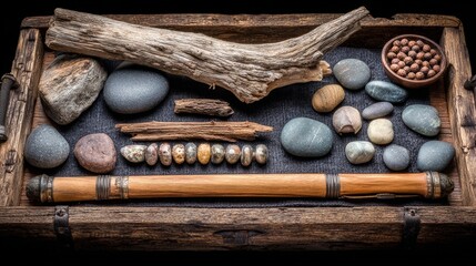 Assortment of stones, wood pieces, and beads carefully arranged in a rustic wooden tray