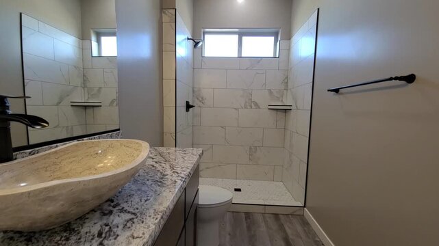 Modern Spastyle Bathroom With Luxury Features, Stylish Bathroom Featuring Marble Shower And Elegant Fixtures