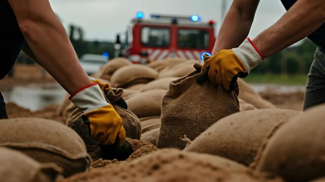 Volunteers filling sandbags for flood protection. Teamwork during an emergency disaster relief effort with a fire truck in the background