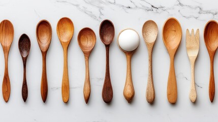 Assortment of wooden kitchen utensils arranged in a row on a marble surface, natural texture