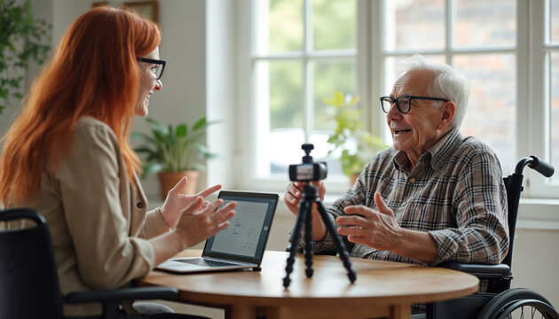 Woman interviews elderly man in wheelchair at home. Camera records live podcast show. Seniors share life experience. Digital content creator makes interview. Old man and young lady work together. - Powered by Adobe