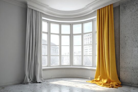 Elegant bay window with contrasting grey and yellow curtains in a modern room.