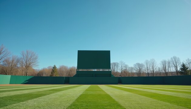 Empty baseball field with scoreboard under clear blue sky. Perfectly manicured green grass outfield ready for game. Outfield fence surrounds playing area.
