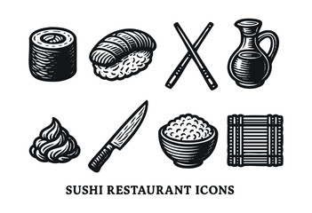 A set of vector icons featuring sushi, soy sauce, chopsticks and other sushi related elements in a monochrome engraved style &mdash; stock vector.