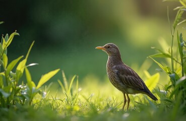 Obraz premium Corn crake bird stands on green ground among fresh grass plants. Small wild animal watches carefully surrounding area in beautiful morning sunlight. Nature beauty with brown plumage, orange beak.