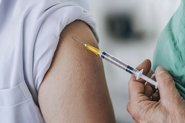 Healthcare professional administering a vaccine shot to a patient's arm, representing health, medicine, and disease prevention with copy space