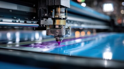 Medium shot of a printer nozzle applying highresolution nanographic inks for ultradetailed sharp images on glossy paper in a modern printing facility.