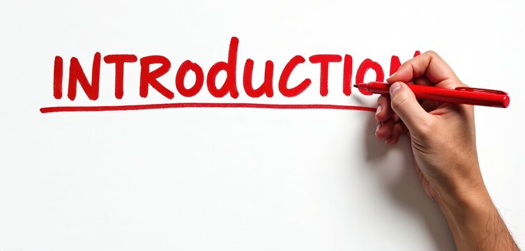 Human hand writes introduction word with red marker on white paper. Presentation starts with intro, new topic launch with preamble. First impression important concept. Project begins from - Powered by Adobe