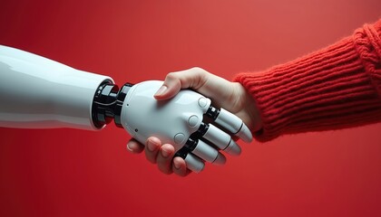 Robot arm shakes human hand against red backdrop. Symbolizes future tech, AI collaboration, unity, and integration. Shows partnership. Friendly future.
